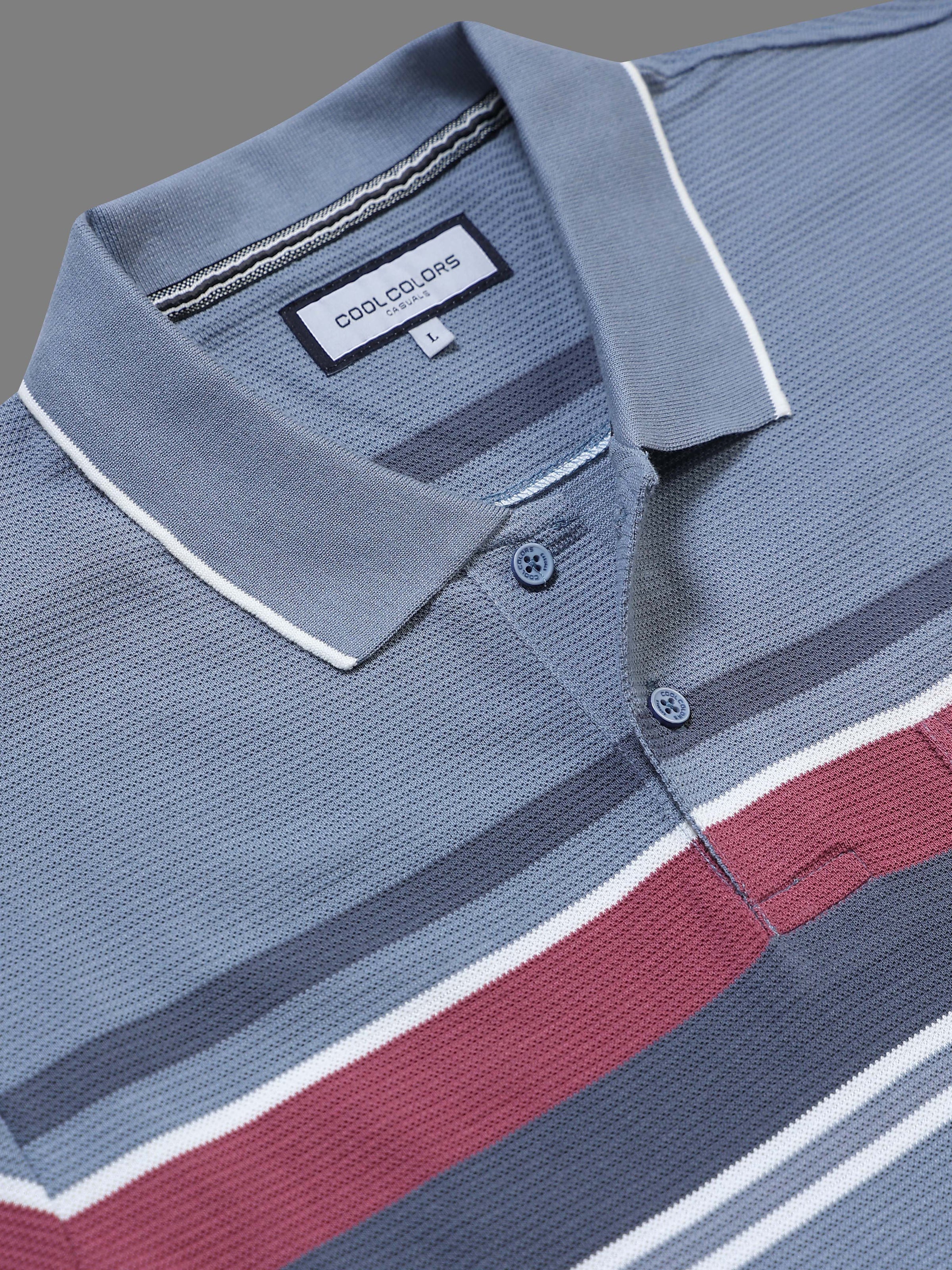 Men’s Blue Slim Fit Textured Striped Short Sleeves Casual Polo T-Shirt