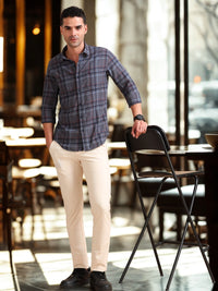 Men Dark Grey Slim Fit Checks Full Sleeve Casual Shirt