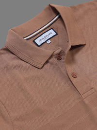 Men’s Brown Textured Knit Solid Casual Polo T‑Shirt.