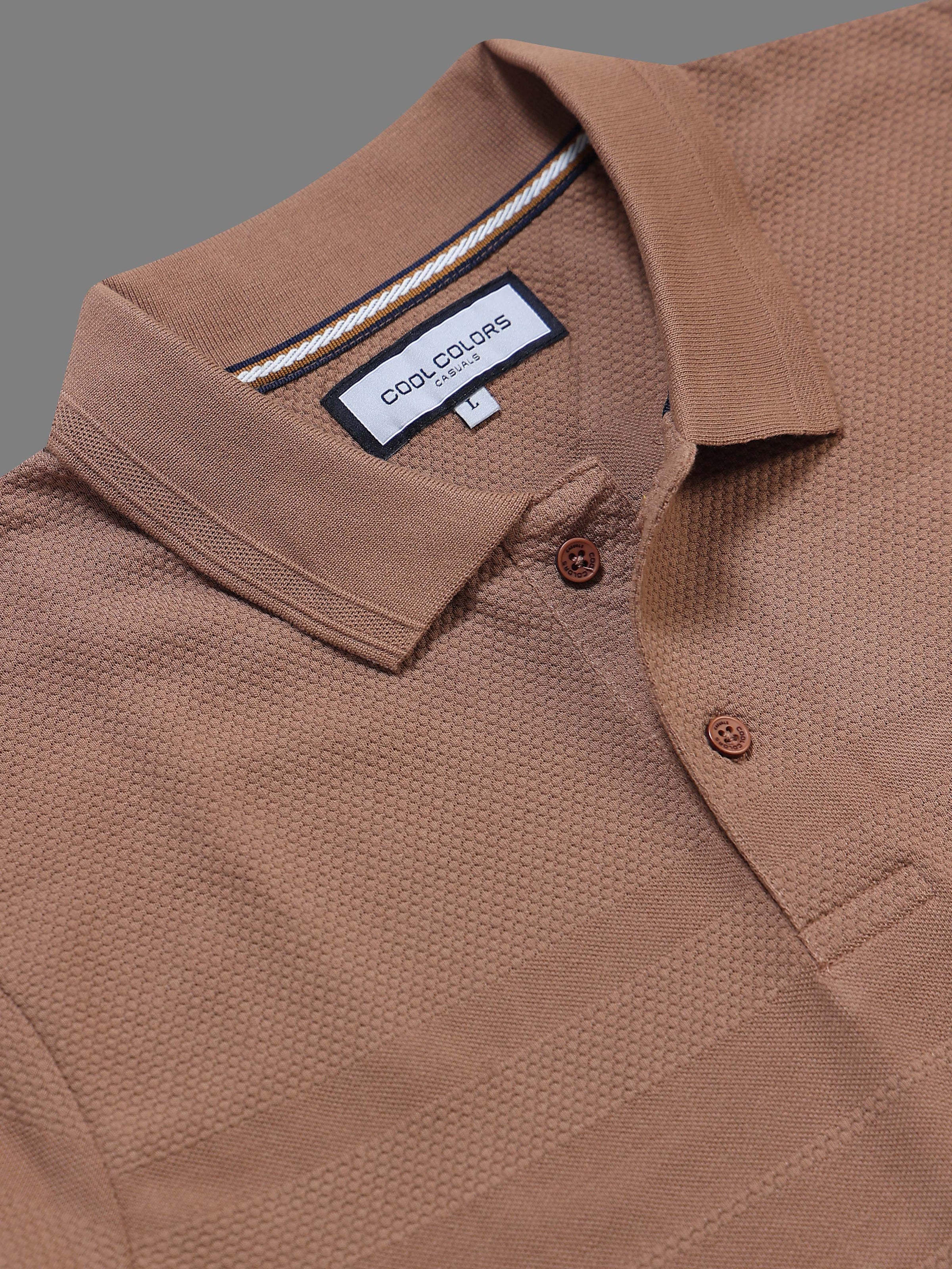 Men’s Brown Textured Knit Solid Casual Polo T‑Shirt.