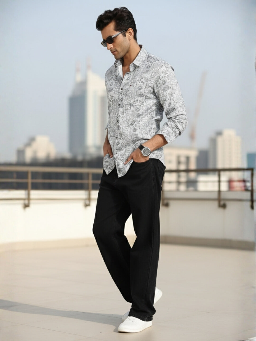 Men Grey Floral Print Full Sleeve Slim Fit Casual Shirts