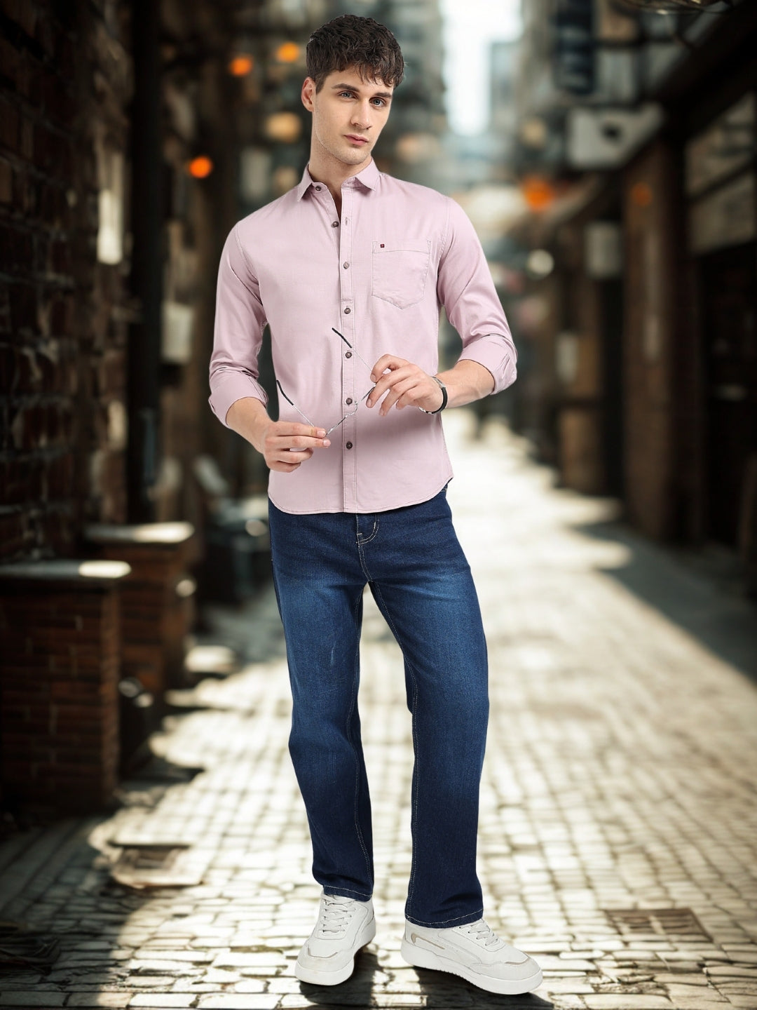 Light Pink Solid Slim Fit Casual Shirts