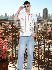 White Floral Print Slim Fit Half Sleeve Cuban Collar Shirt