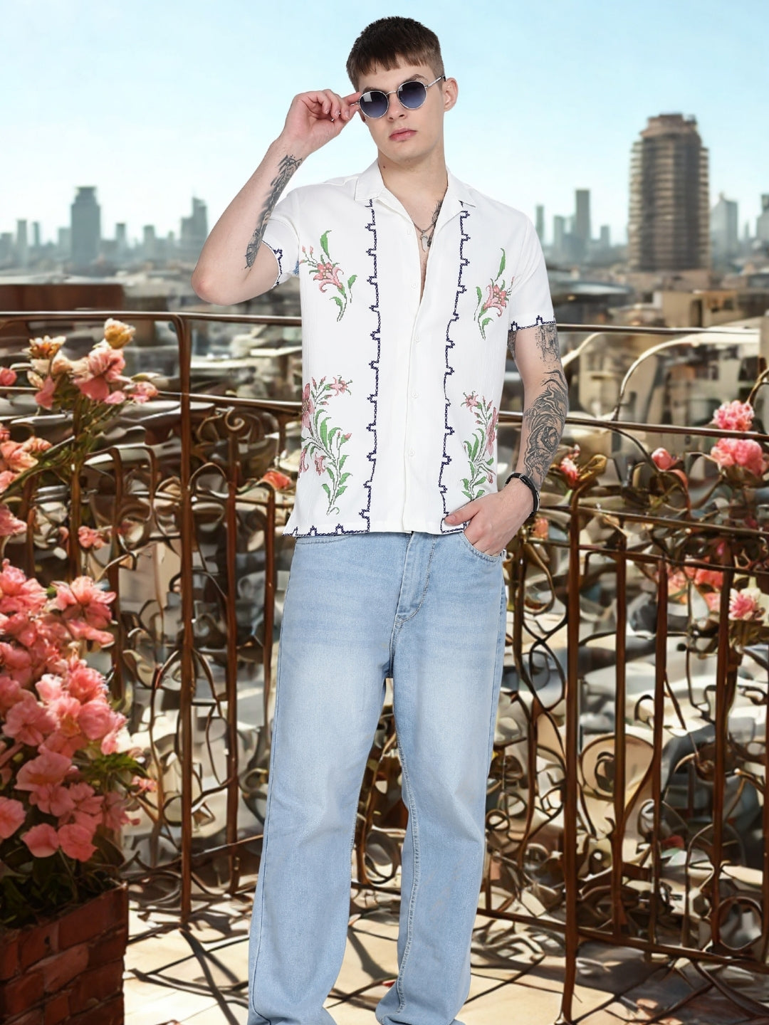 White Floral Print Slim Fit Half Sleeve Cuban Collar Shirt