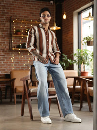 Brown Roman Stripes Slim Fit Full Sleeve Casual Shirt