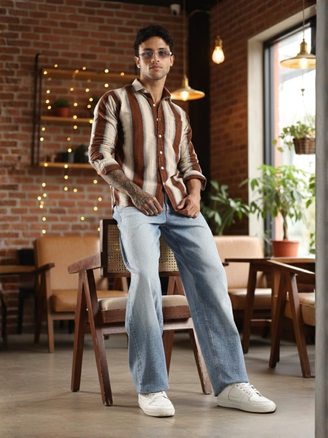 Brown Roman Stripes Slim Fit Full Sleeve Casual Shirt