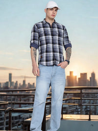 Navy Madras Checked Double Pocket Shirt