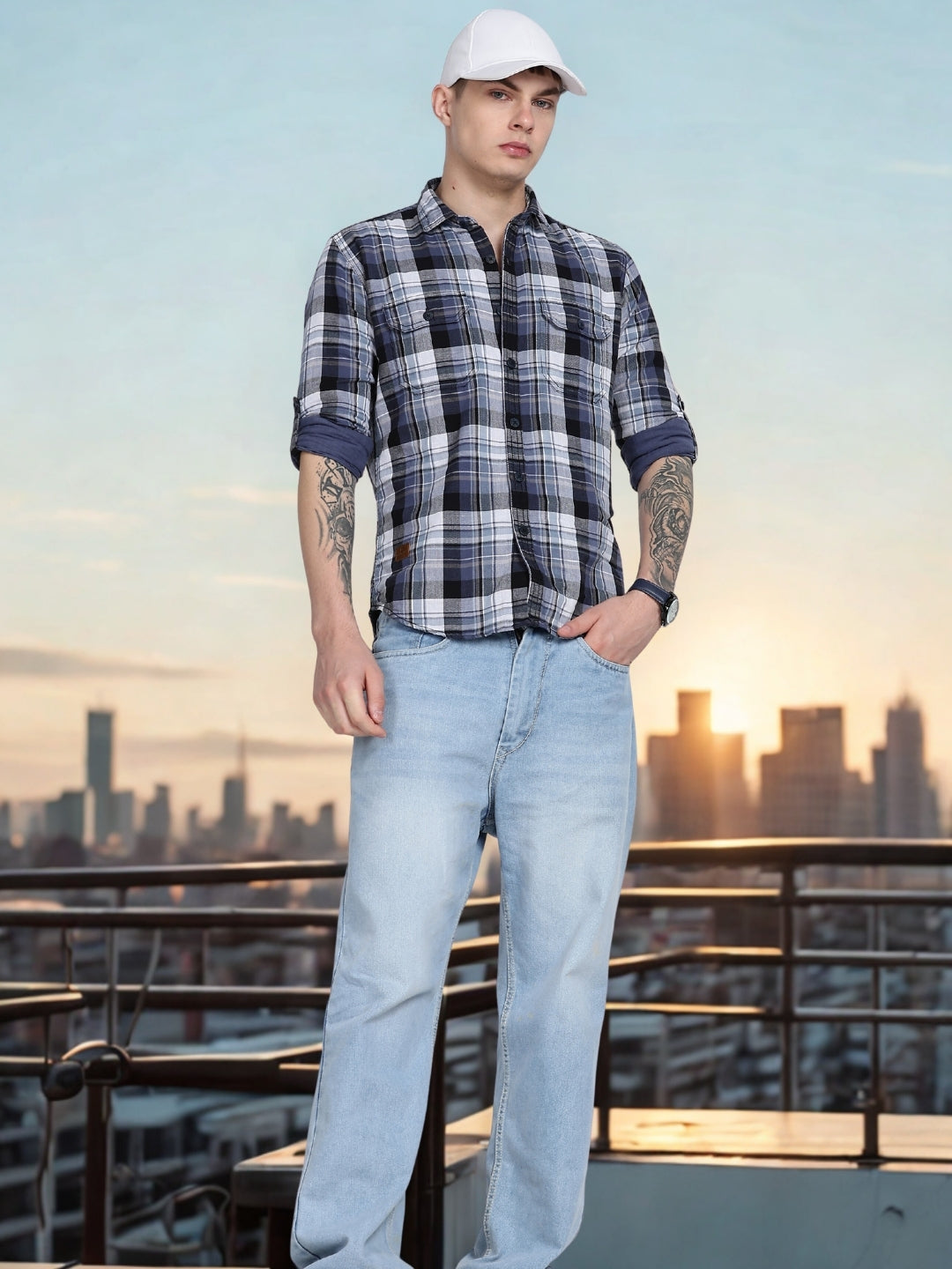 Navy Madras Checked Double Pocket Shirt