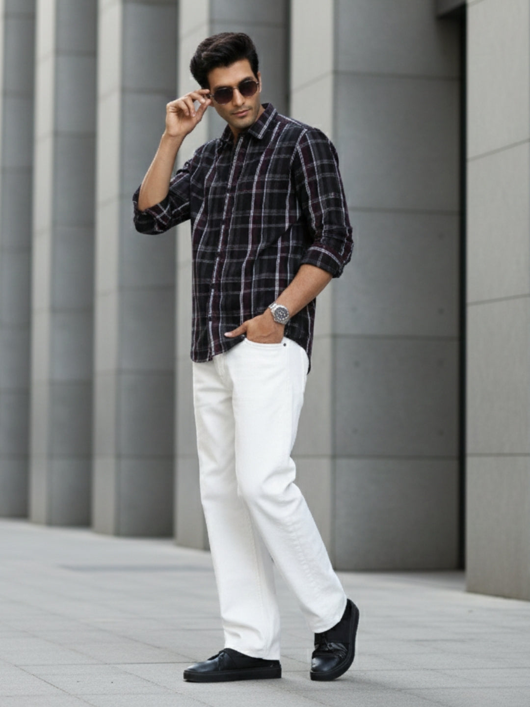 Men Brown Checkered Full Sleeve Slim Fit Casual Shirt