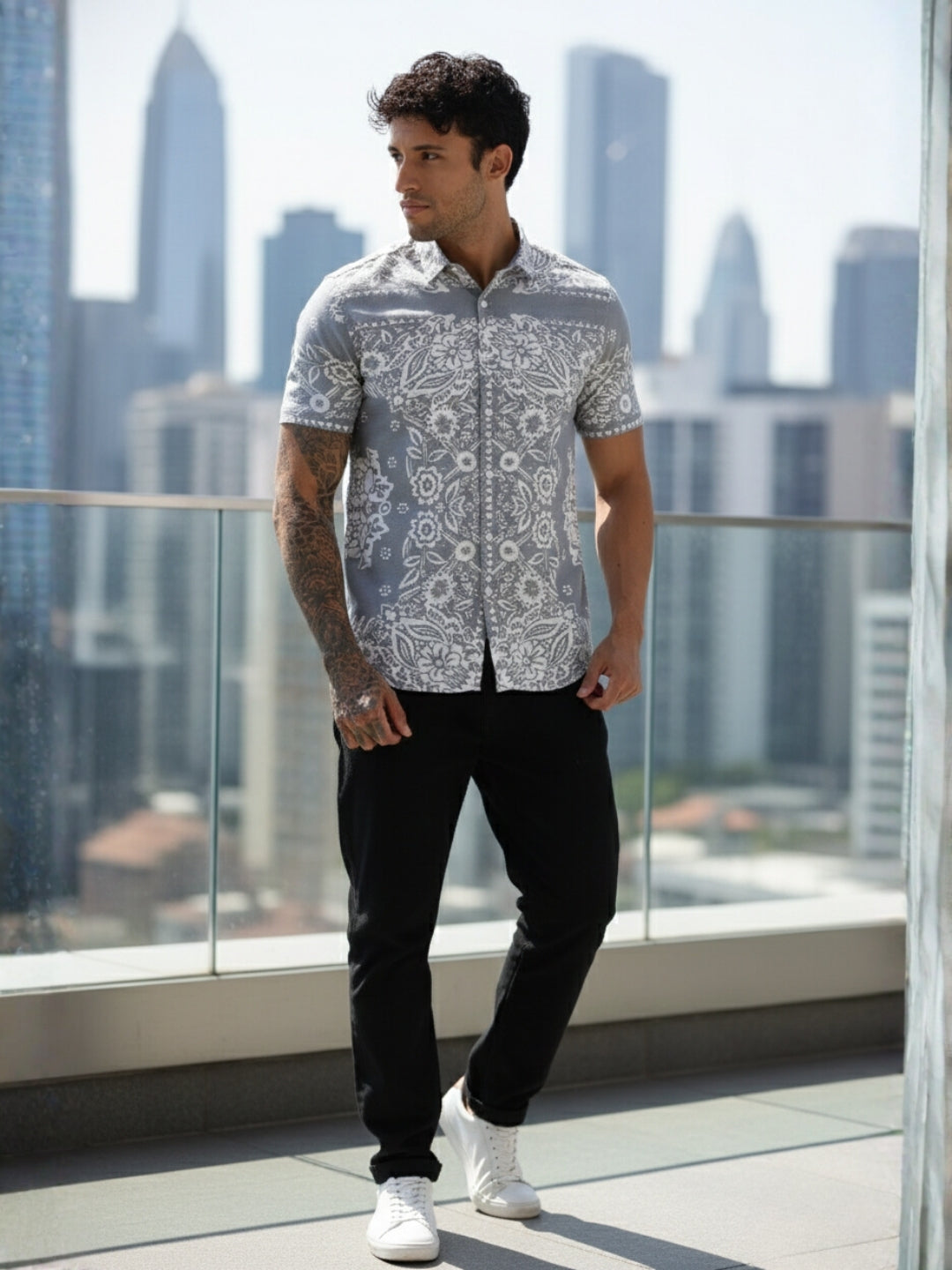 Grey Floral Printed Slim Fit Cotton Half Sleeve Casual Shirt
