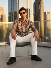 Men Brown Leaf Print Full Sleeve Slim Fit Casual Shirts