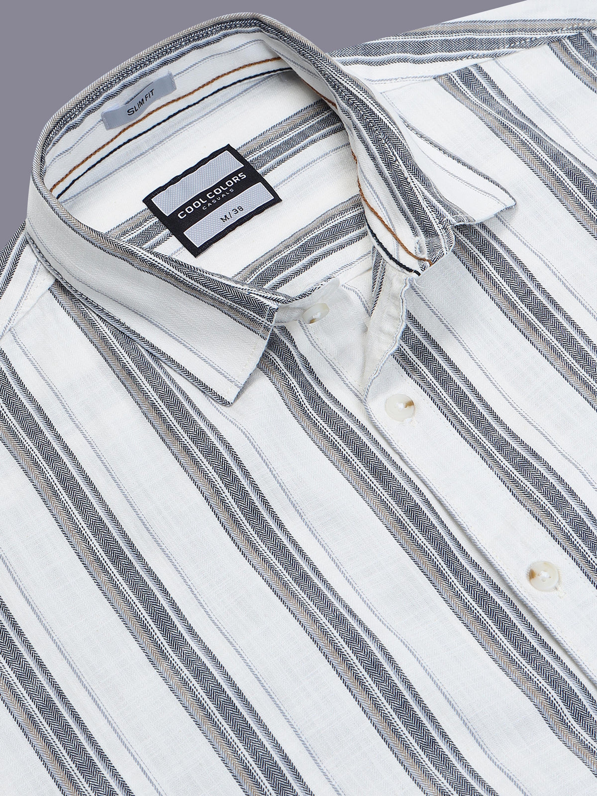 Men White Vertical Striped Slim Fit Casual Shirt
