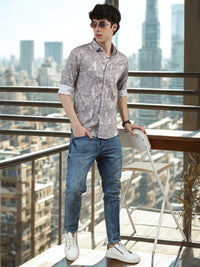 Men Light Peach Slim Fit Digital Printed  Full Sleeve Casual Shirt