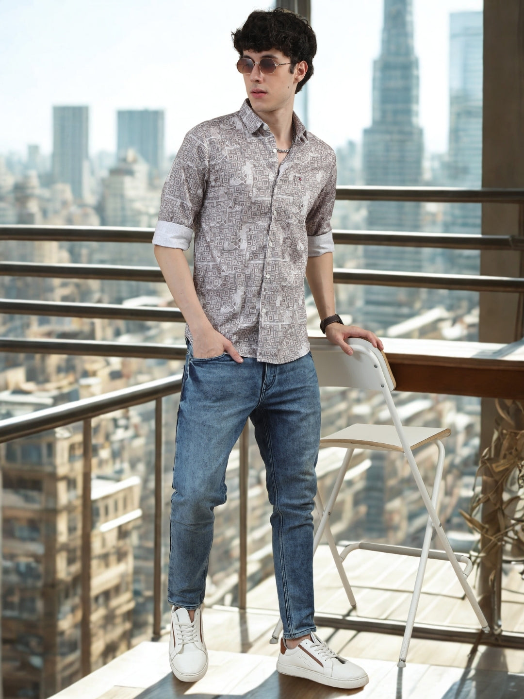 Men Light Peach Slim Fit Digital Printed  Full Sleeve Casual Shirt