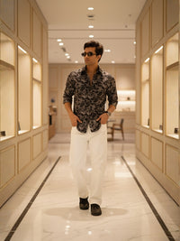 Men Black Floral Print Full Sleeve Slim Fit Casual Shirt