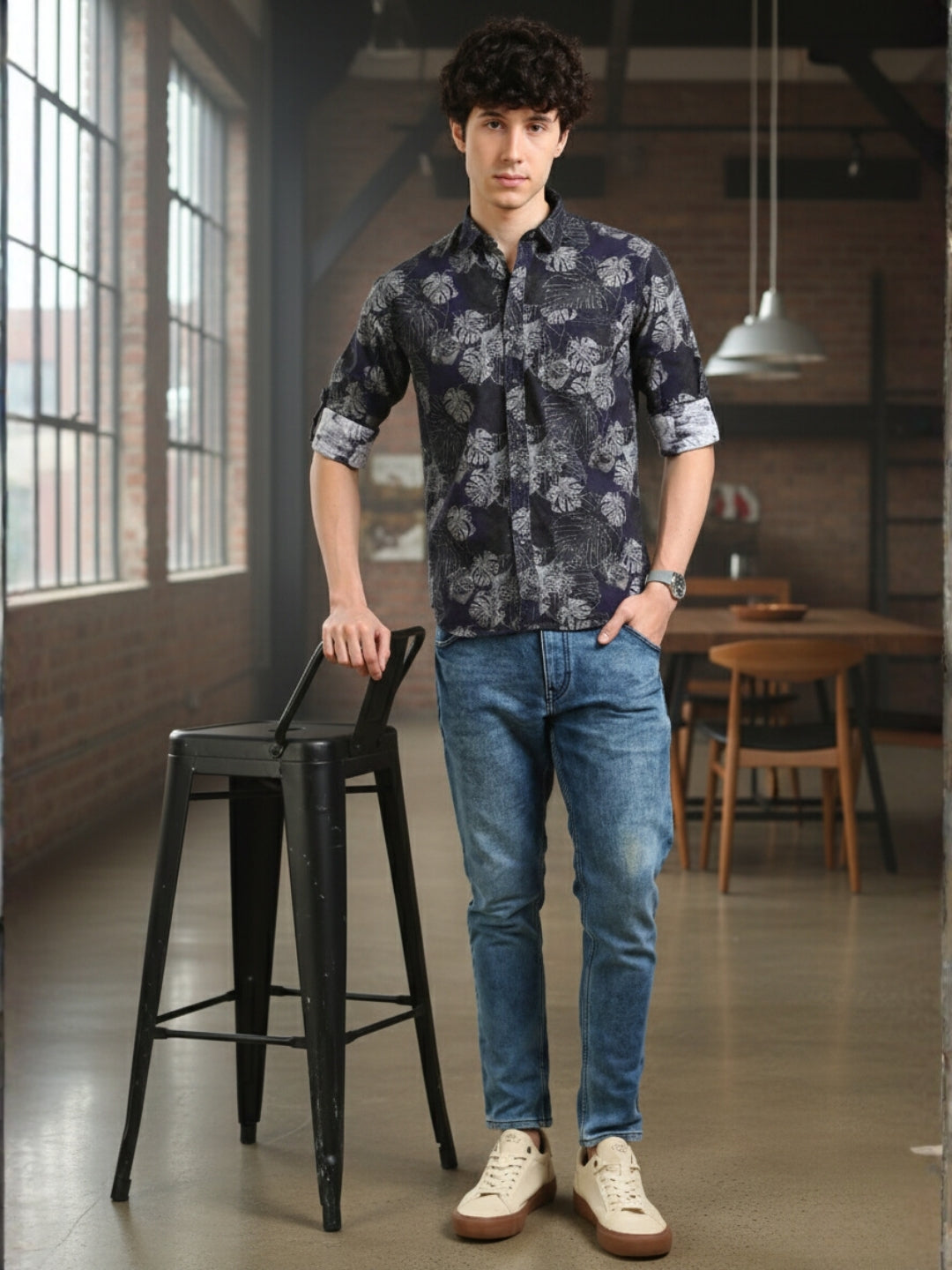 Men Navy Slim Fit Printed Full Sleeve Casual Shirt