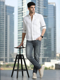 Men White Slim Fit Textured Full Sleeve Casual Shirt