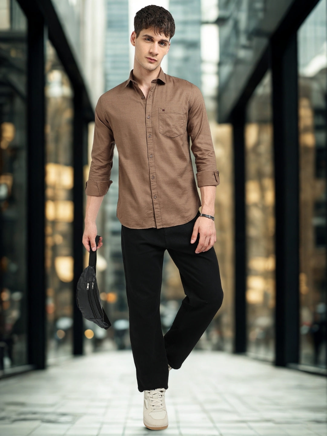 Brown Solid Slim Fit Casual Shirts