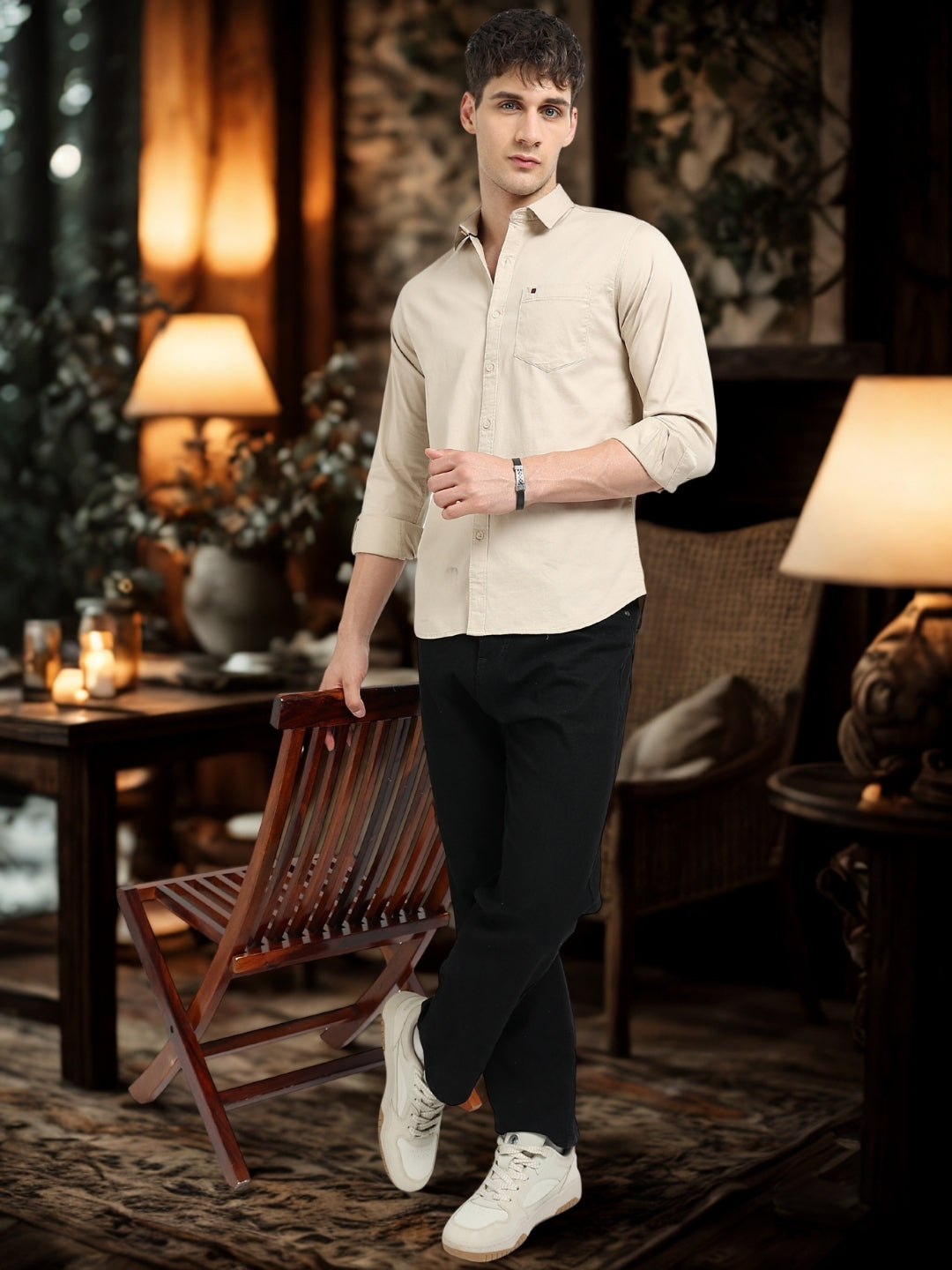 Beige Solid Slim Fit Casual Shirts