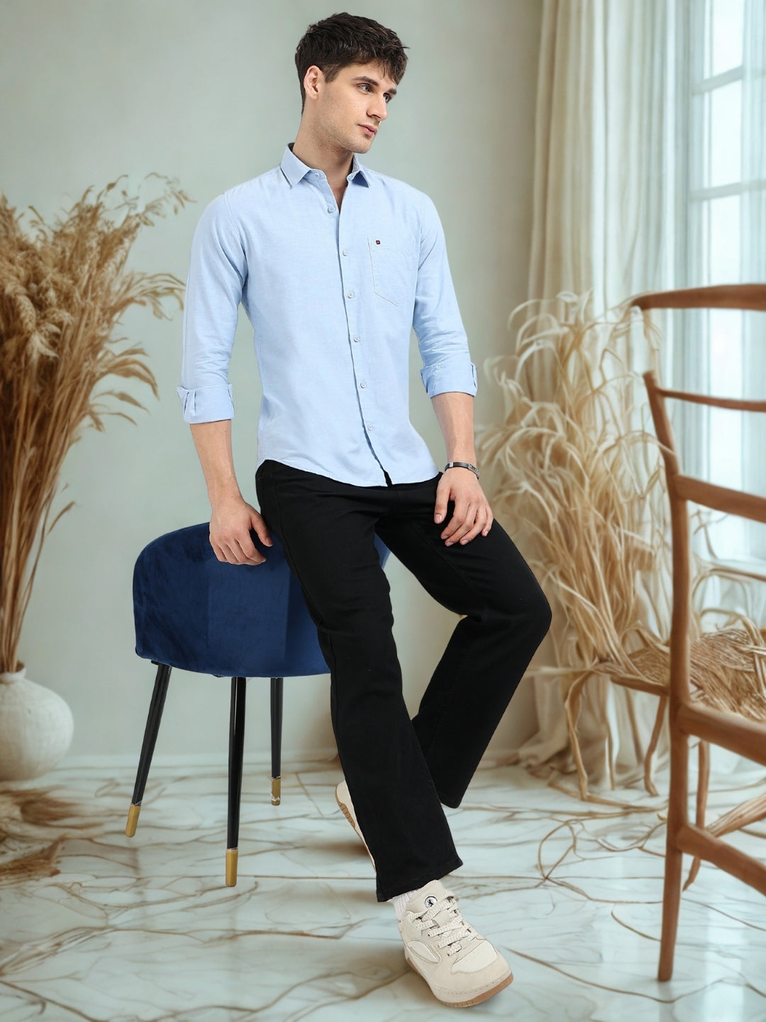 Sky Blue Solid Regular Fit Casual Shirts