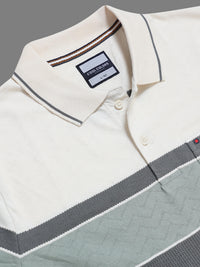 Men Green Slim Fit Color-Block Striped Jacquard Short Sleeves Polo Collar Smart-Casual T-Shirt with Chest Pocket