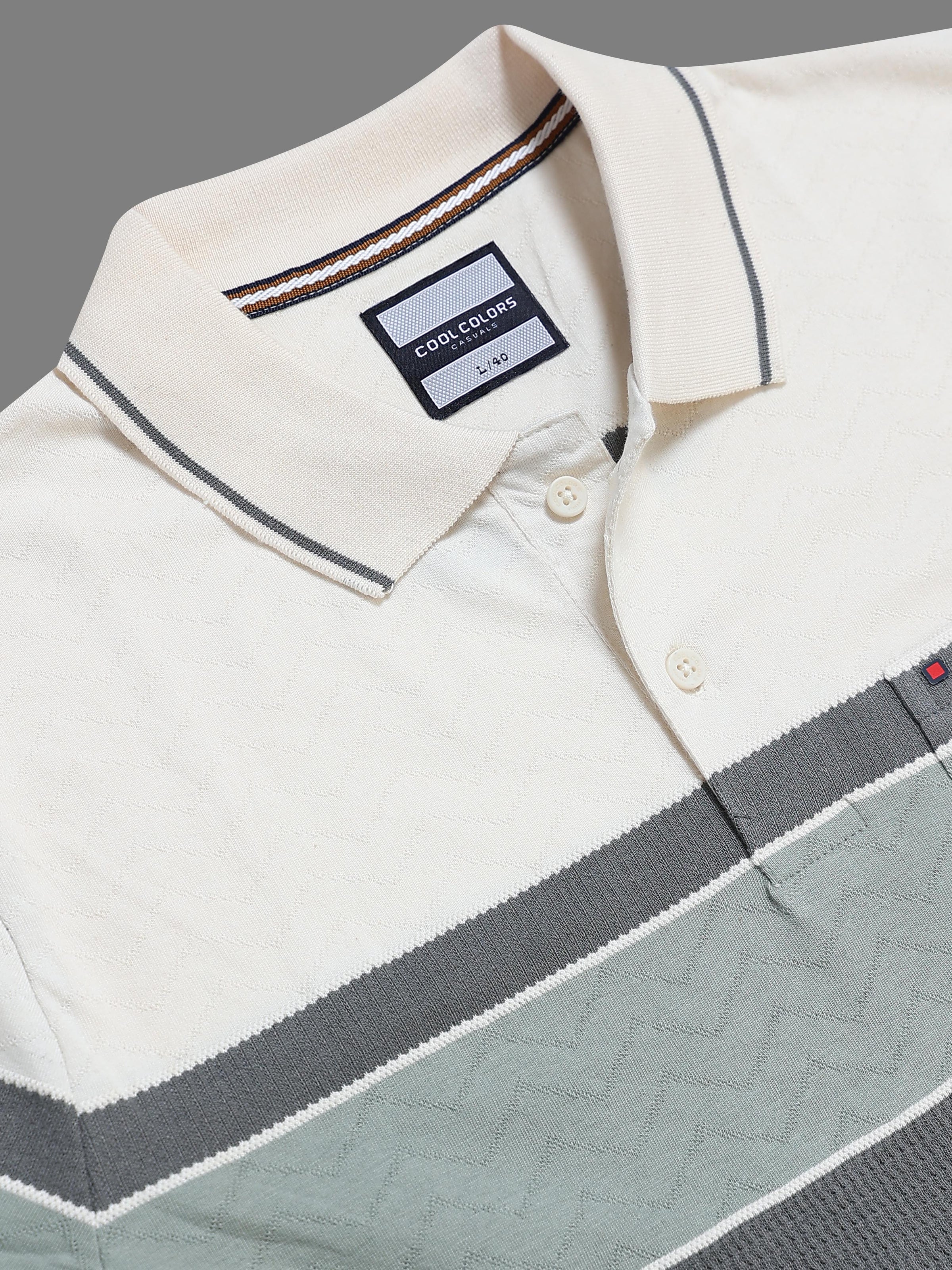 Men Green Slim Fit Color-Block Striped Jacquard Short Sleeves Polo Collar Smart-Casual T-Shirt with Chest Pocket