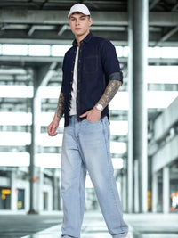 Navy Plain Slim Fit Full Sleeve Denim Casual Shirt
