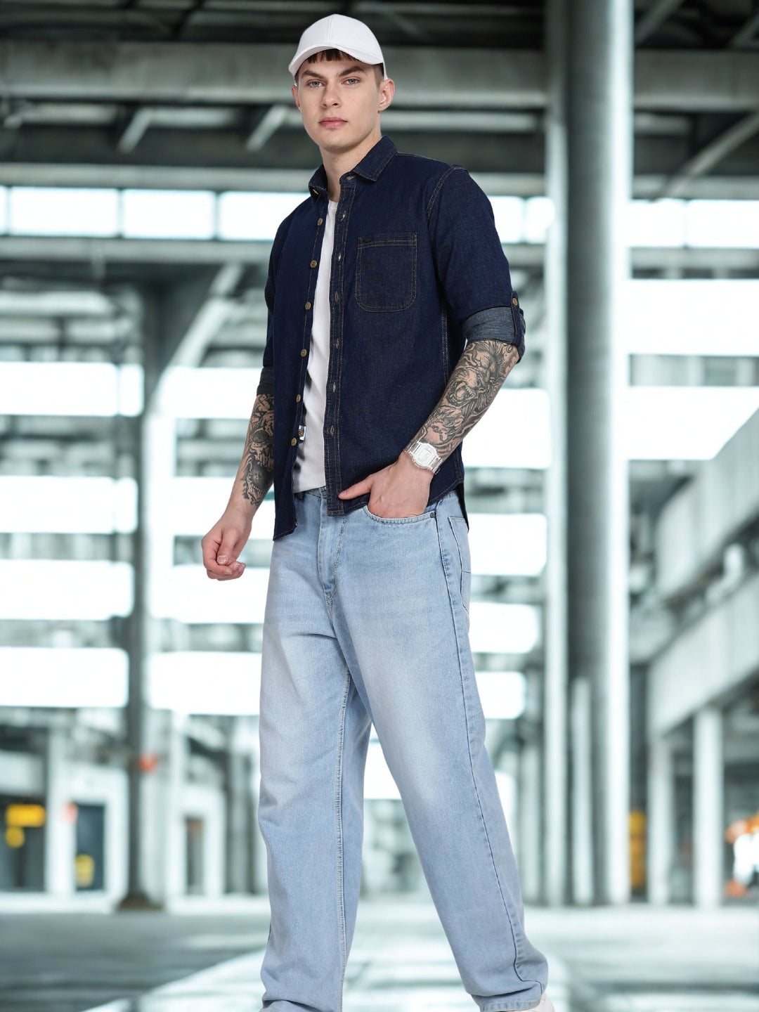 Navy Plain Slim Fit Full Sleeve Denim Casual Shirt