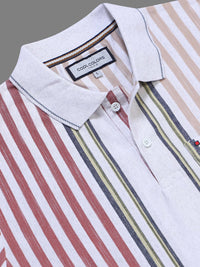 Men Red Slim Fit Striped Polo Collar Casual T-Shirt with Chest Pocket