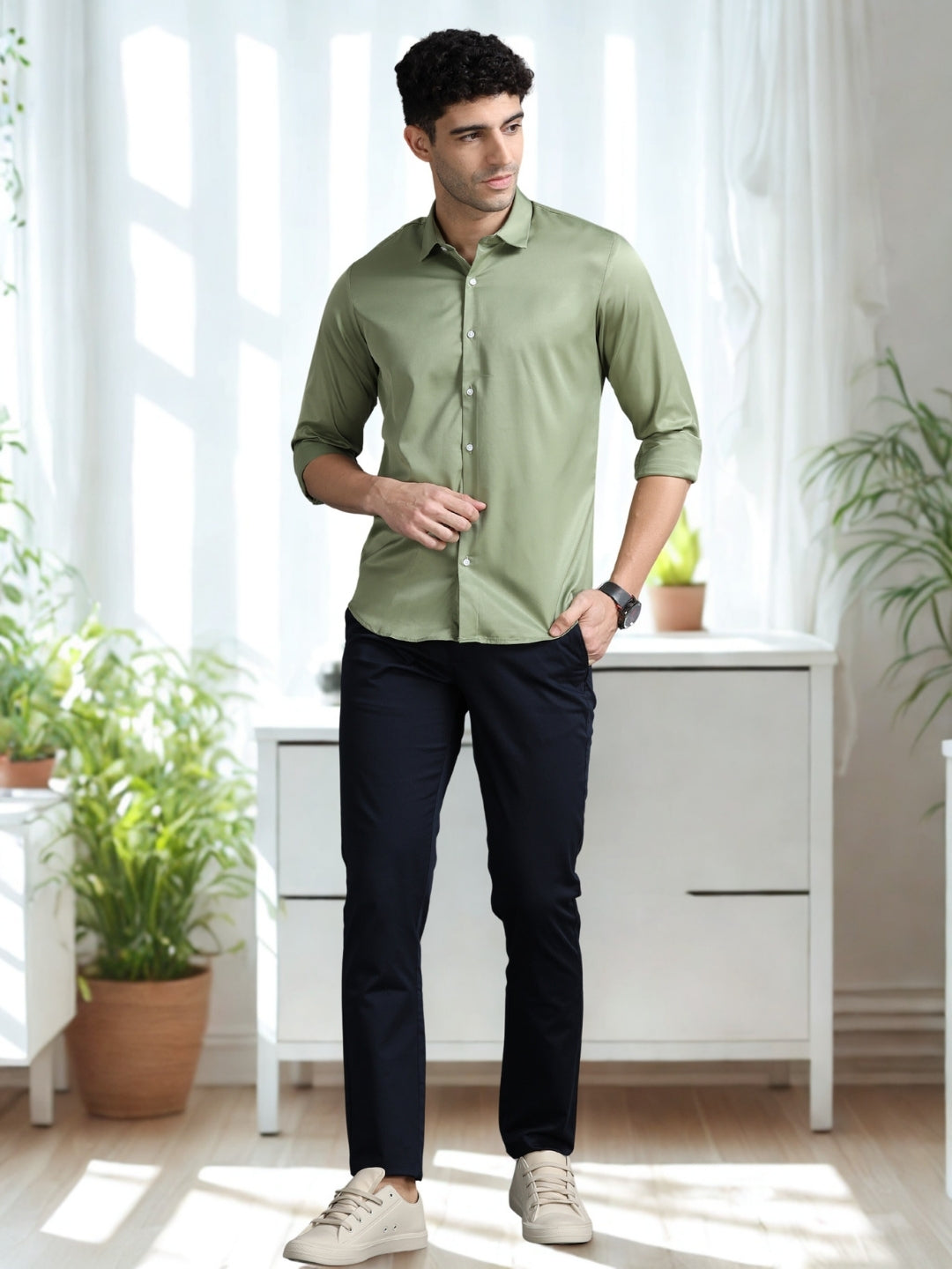 Men Green Slim Fit Solid Full Sleeve Casual Shirt