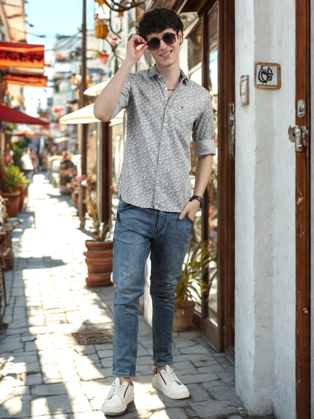 Men Light Grey Slim Fit Printed Full Sleeve Casual Shirt