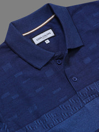 Men Indigo Slim Fit Striped Jacquard Polo Collar Casual T-Shirt with Chest Pocket