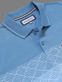 Men Blue Slim Fit Geometric Striped Polo Collar Casual T-Shirt with Chest Pocket