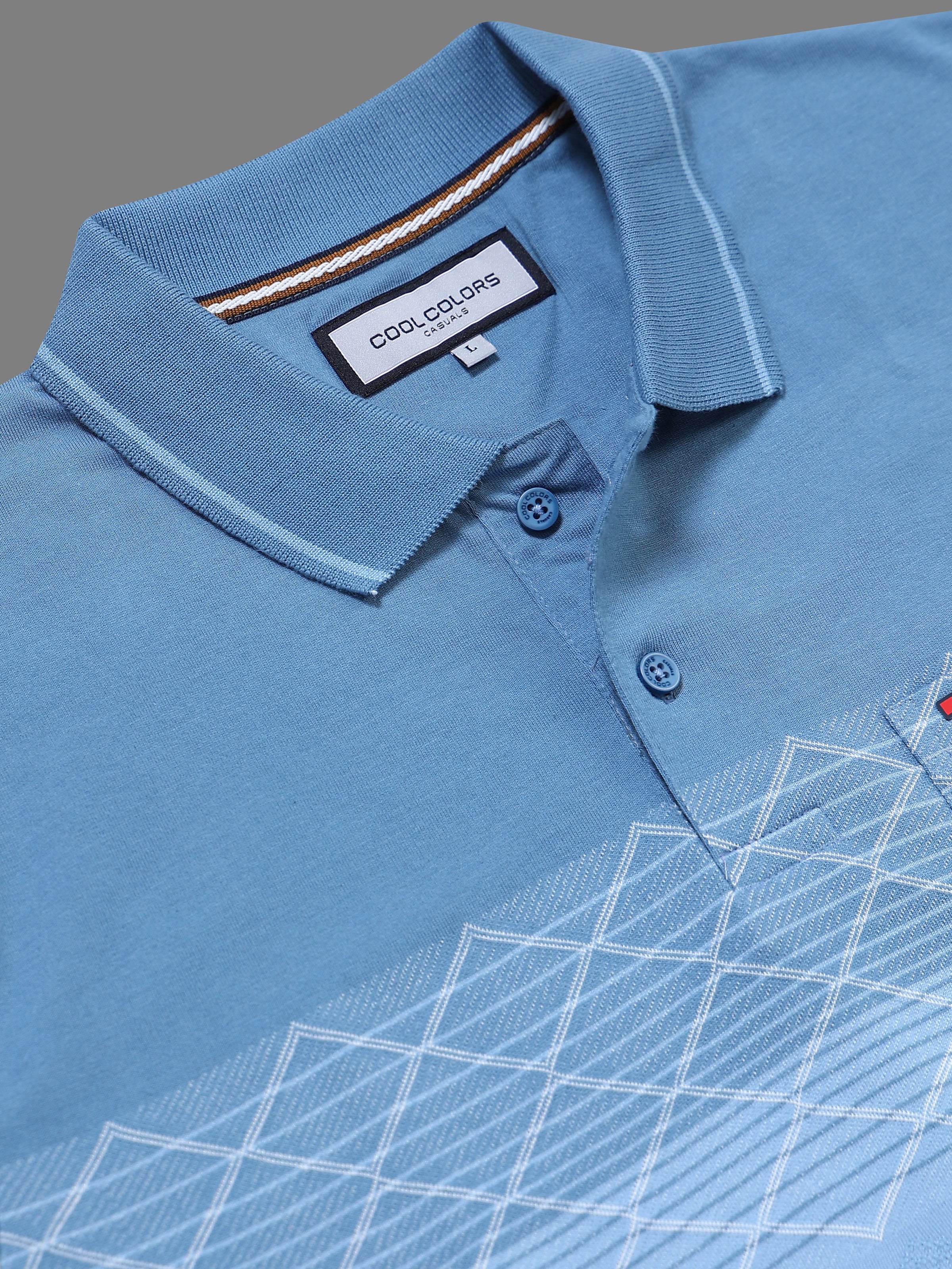 Men Blue Slim Fit Geometric Striped Polo Collar Casual T-Shirt with Chest Pocket