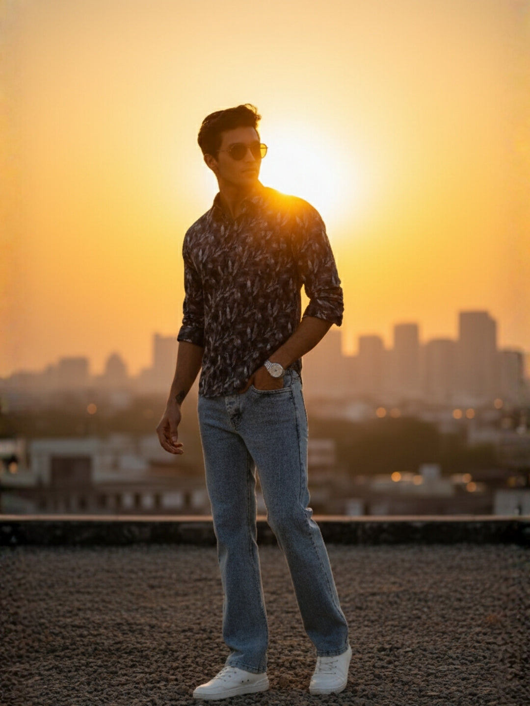 Men Blue Leaf Print Full Sleeve Slim Fit Casual Shirts