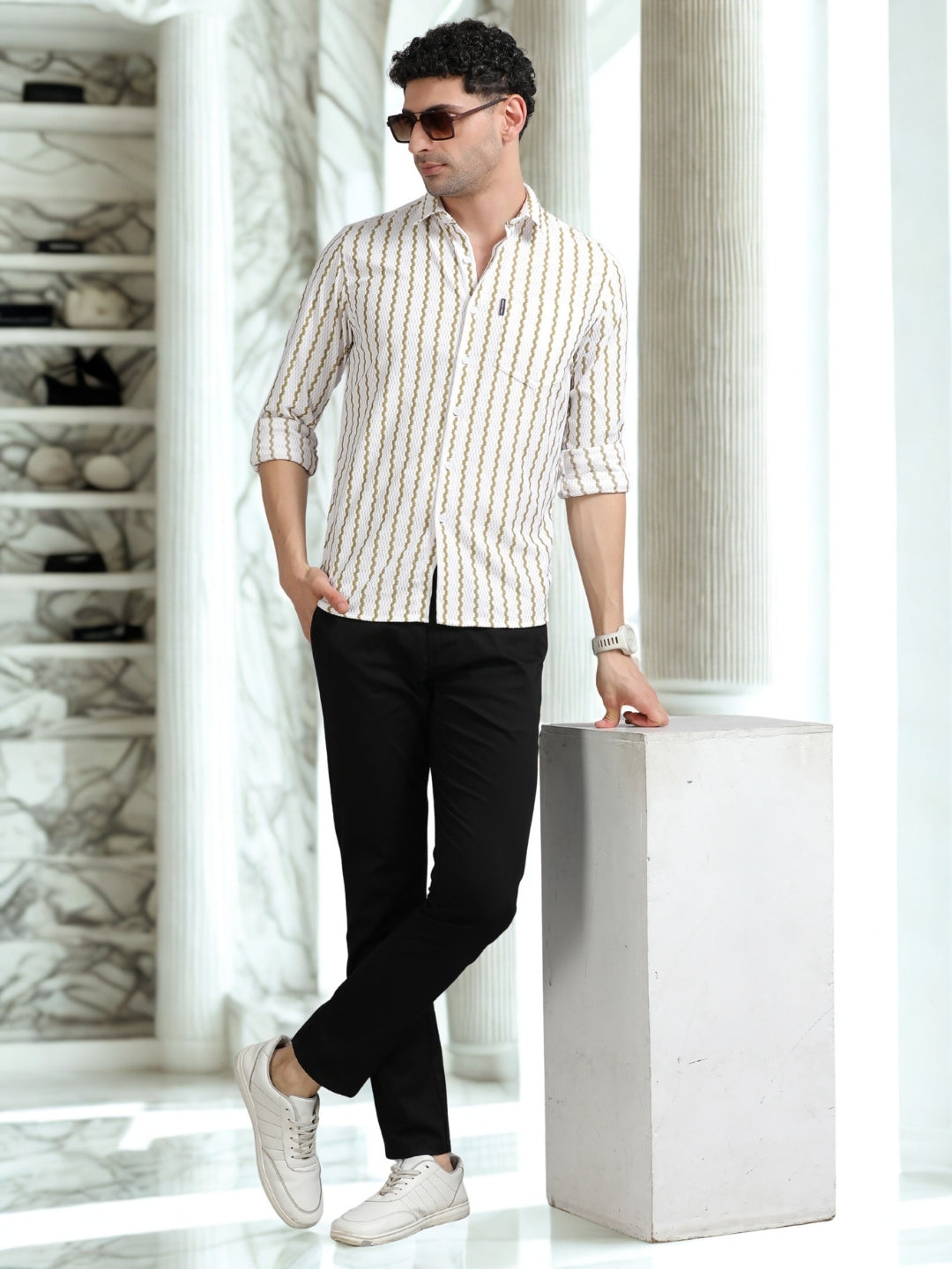 Men Cream Full Sleeve knitted Dobby Casual Shirt