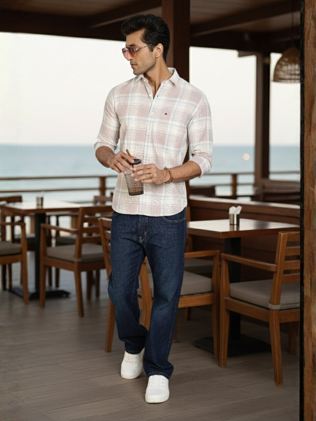 Men Peach Checked Full Sleeve Slim Fit Casual Shirt