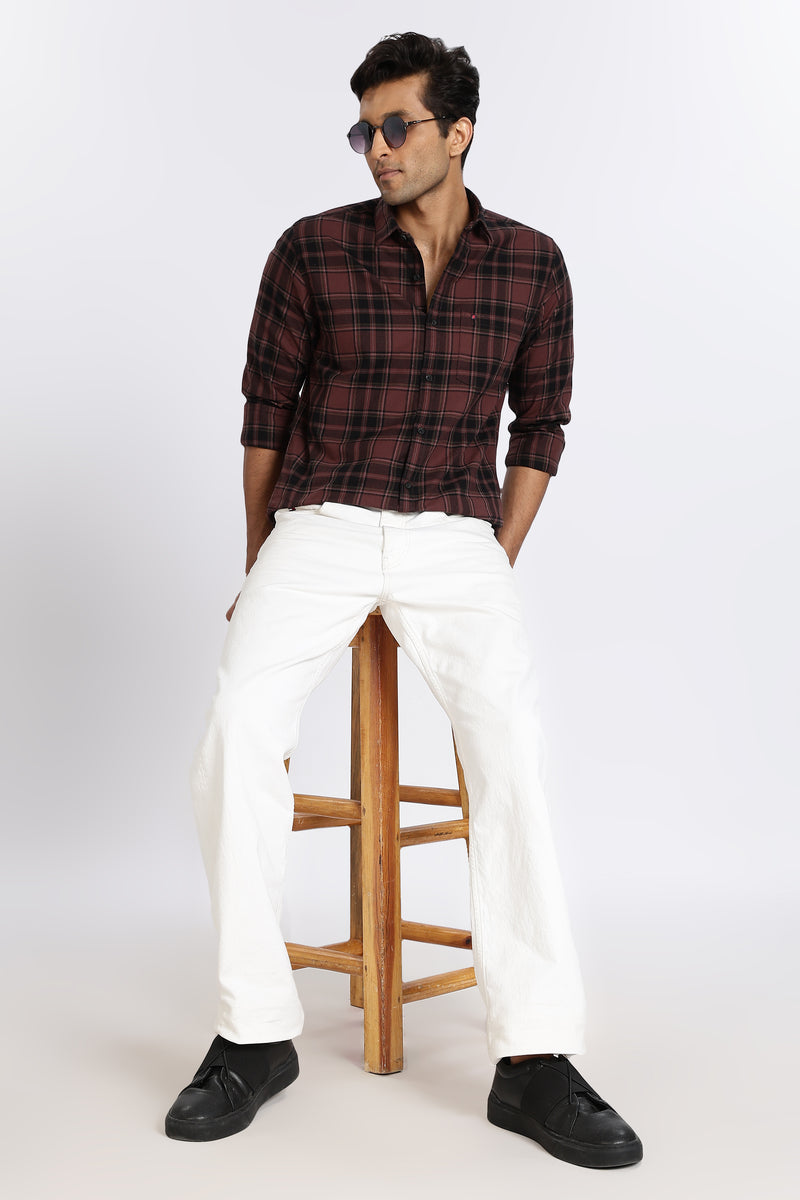 Men Brown Vintage Checks Full Sleeve Slim Fit Casual Shirts