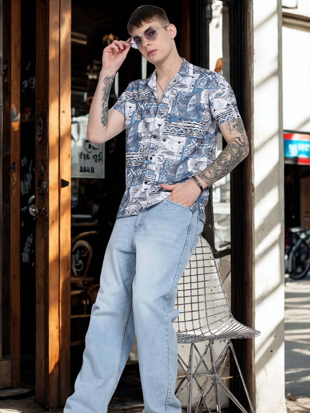 Blue Abstract Floral Print Slim Fit Half Sleeve Cuban Collar Shirt