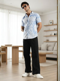 Blue Floral Printed Slim Fit Cotton Half Sleeve Casual Shirt