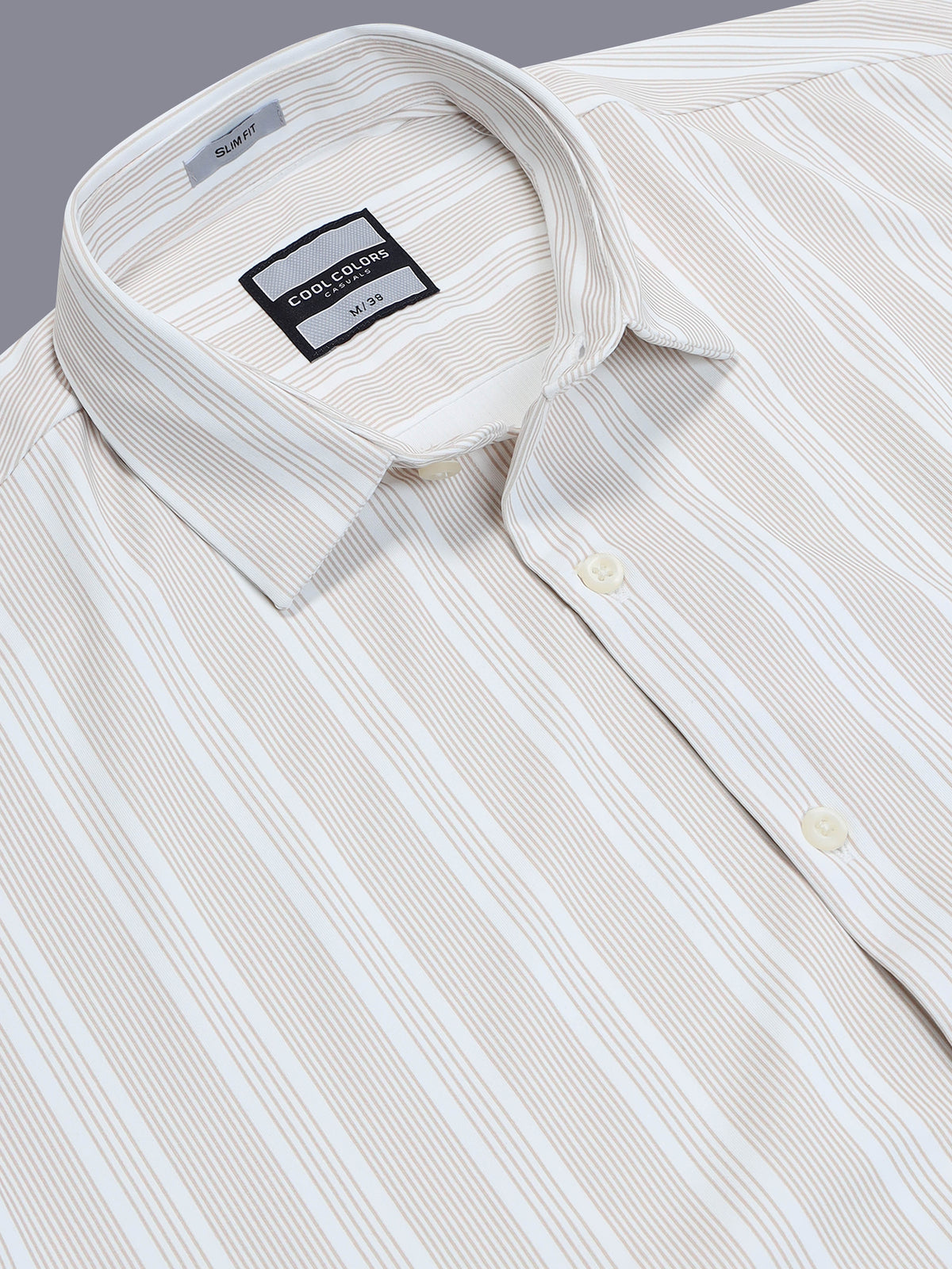 Men Beige Striped Cotton Lycra Slim Fit Casual Shirt