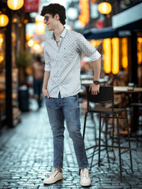 Men Light Green Slim Fit Printed Full Sleeve Casual Shirt