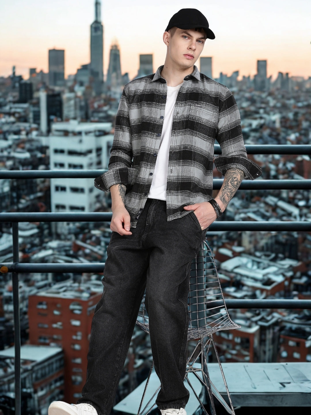 Black Plaid Checked Slim Fit Full Sleeve Shirt