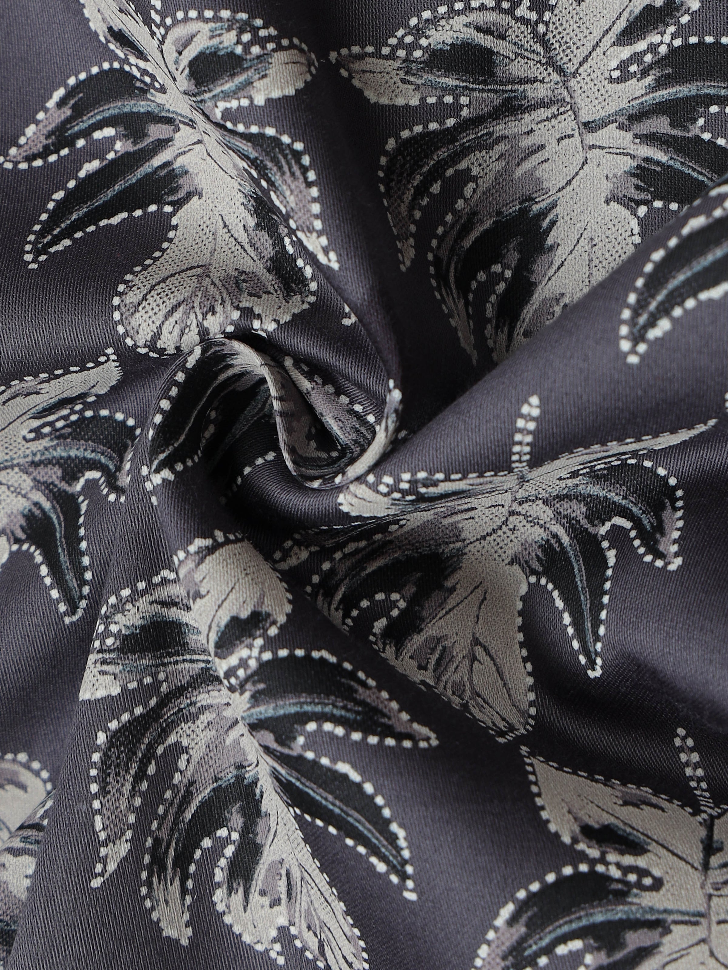 Men Grey Slim Fit Leaf Printed Full Sleeve Casual Shirt