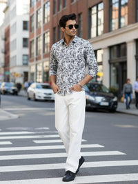 Men Grey Printed Full Sleeve Slim Fit Casual Shirt