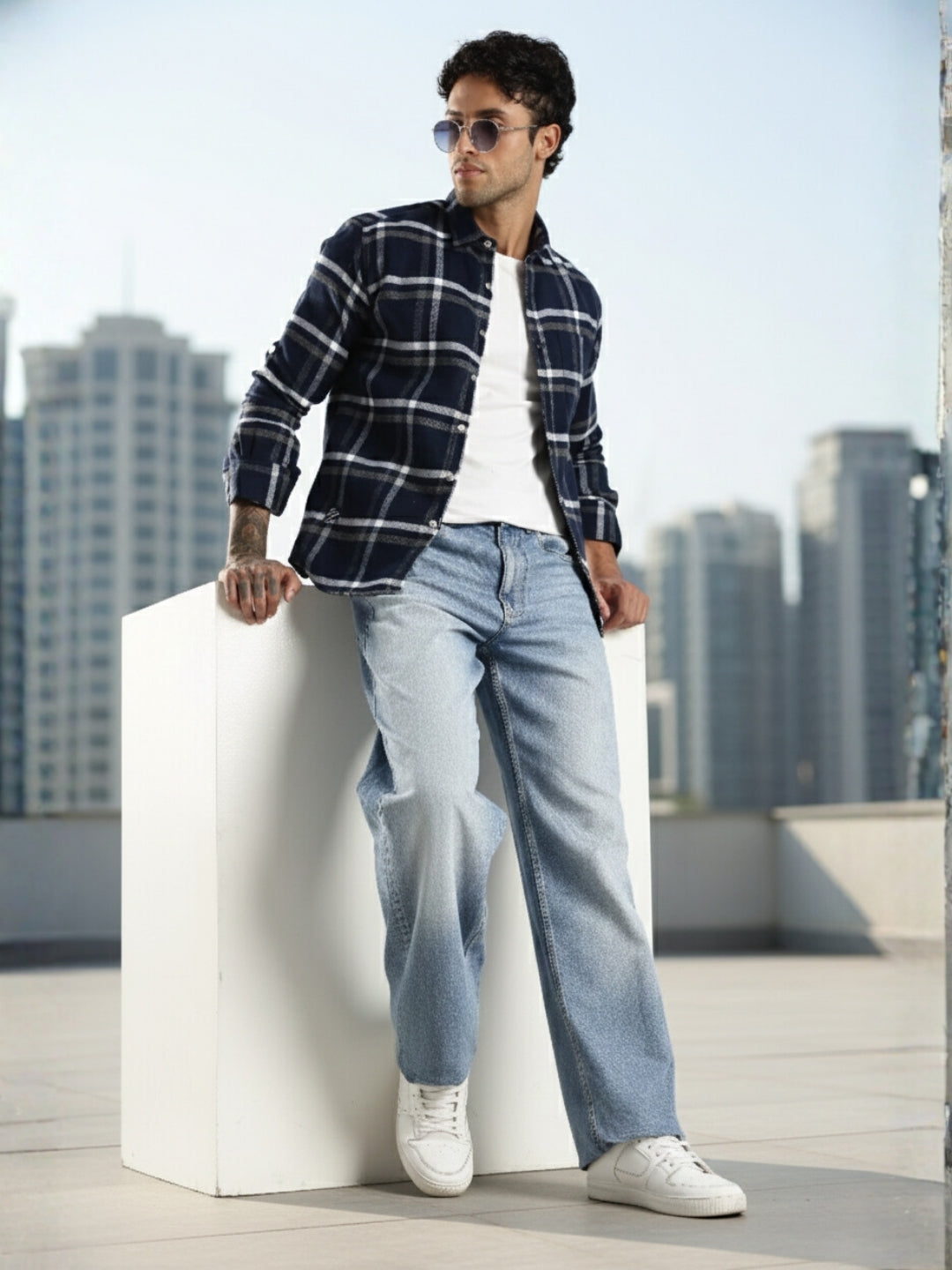 Men Navy Cotton Slim Fit Full Sleeve Checkered Shirt