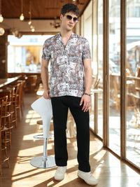 Brown Abstract Floral Print Slim Fit Half Sleeve Cuban Collar Shirt
