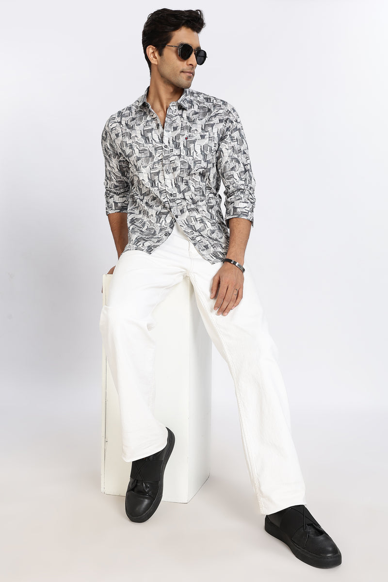 Men Grey Printed Full Sleeve Slim Fit Casual Shirt