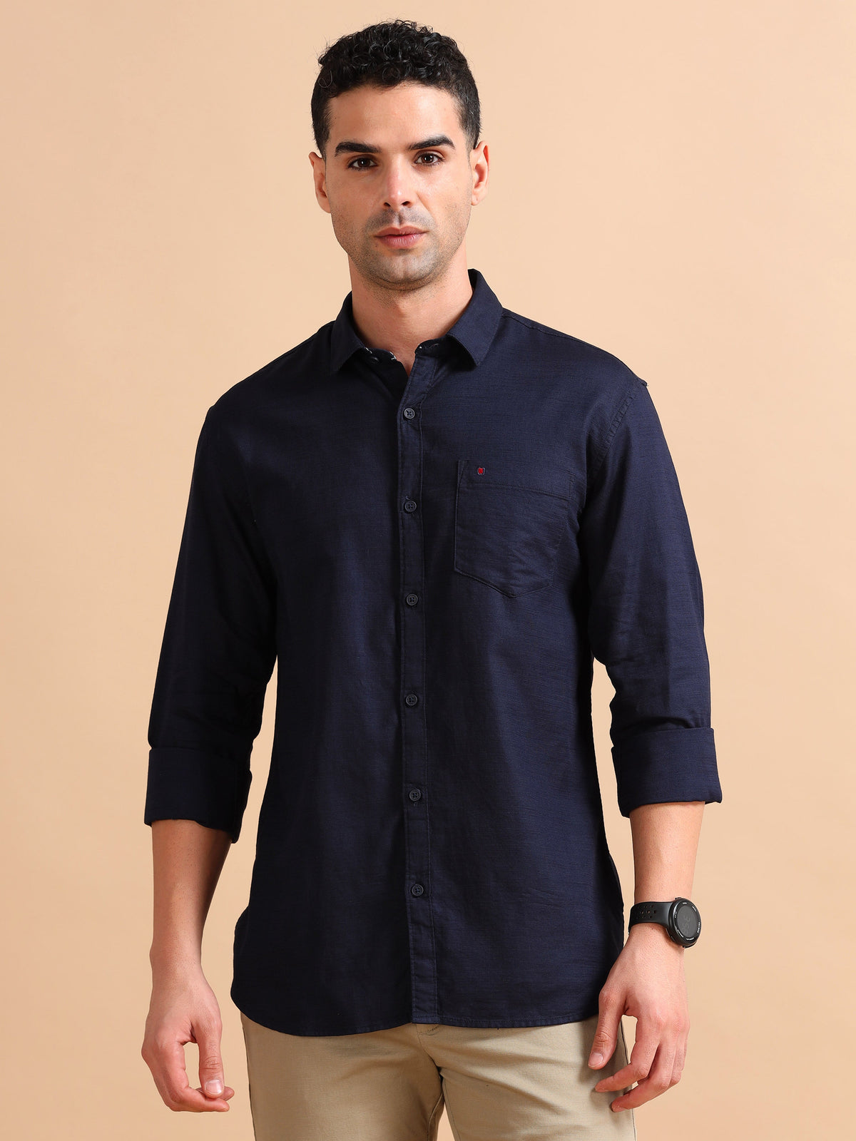 Men Navy Slim Fit Solid Full Sleeve Casual Shirt