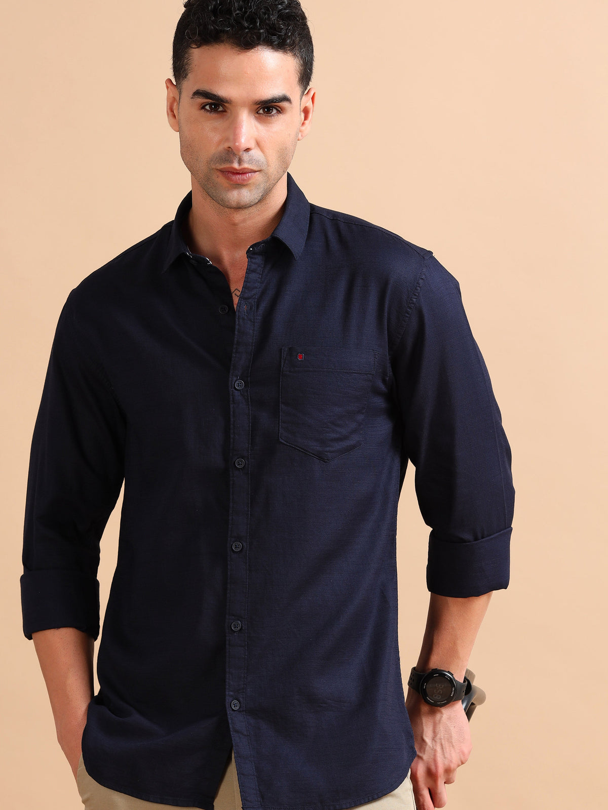 Men Navy Slim Fit Solid Full Sleeve Casual Shirt